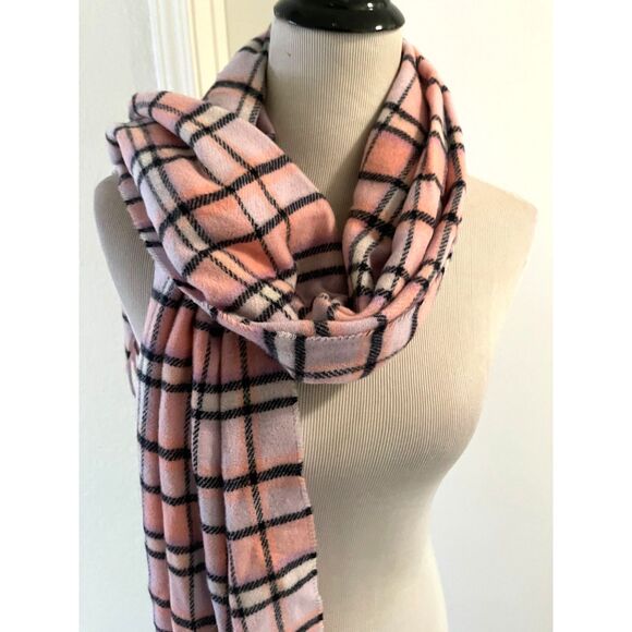 J Crew Wool Scarf Pale Pink & Black Plaid Tartan- Made in Italy - Classic Preppy - Picture 1 of 6